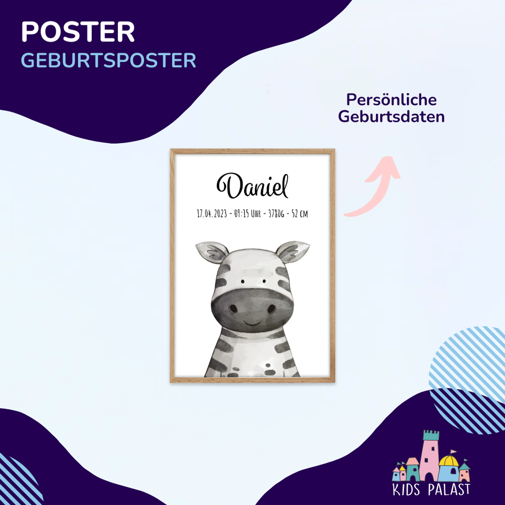 Personalisierte Geburtsposter | Tiermotiv ohne Rahmen - KidsPalast